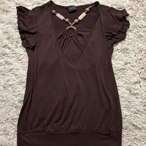JKLA Chocolate Brown Beaded Ruffle Sleeve Blouse Size S
